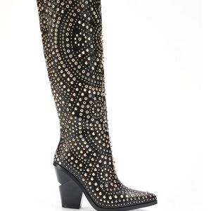 Azalea Wang Women's Texas Rhinestone Western Knee High Black Round Toe Boot